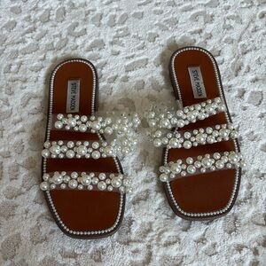 Steve Madden Brown Sandal Slides with Pearl Embellishment
